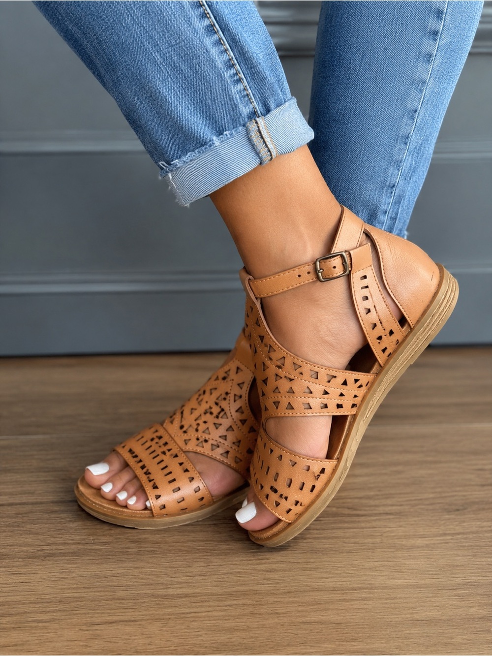 Patrizia by Spring Step Brown Laser Cut Ankle Strap Sandals Women’s EU 37 US 7